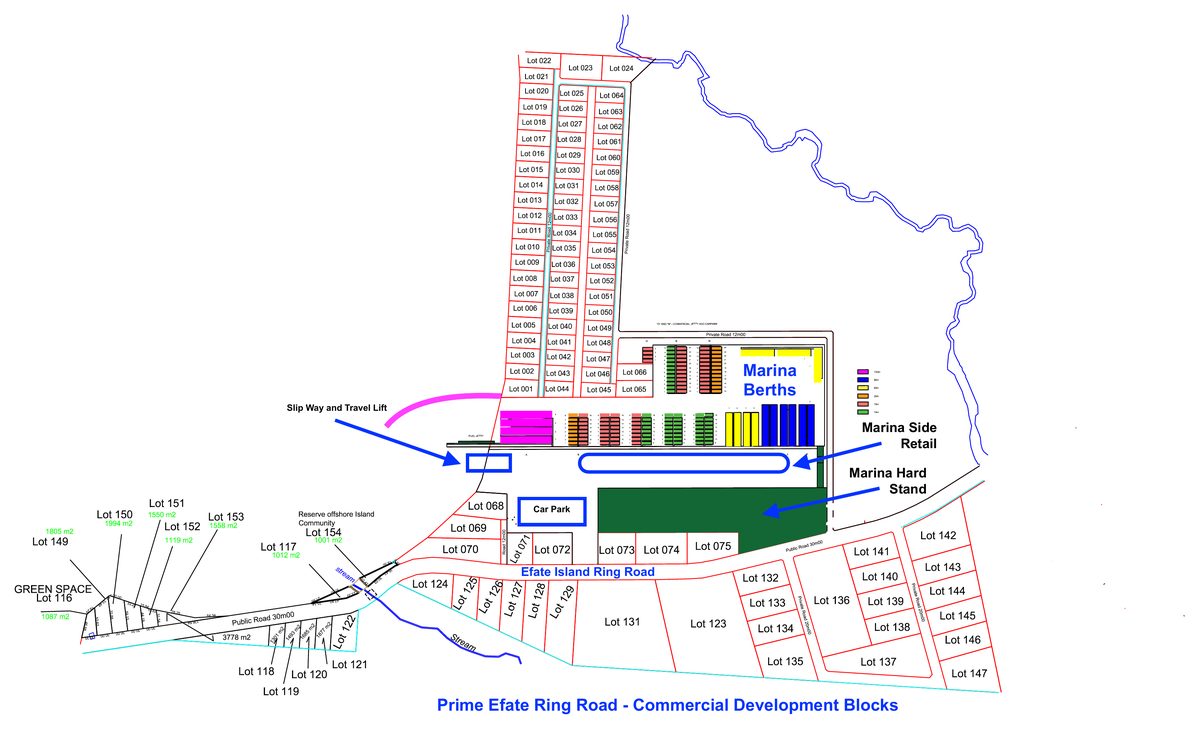Plan d'ensemble du Port Havannah Marina Project, janvier 2026, avec chaque numéro et limite de lot : lots résidentiels 1 à 66 le long du canal, anneaux de la marina, cale de halage et travel-lift, ponton carburant, parking, commerces et aire de carénage, et les îlots commerciaux le long de la Ring Road d'Efate.